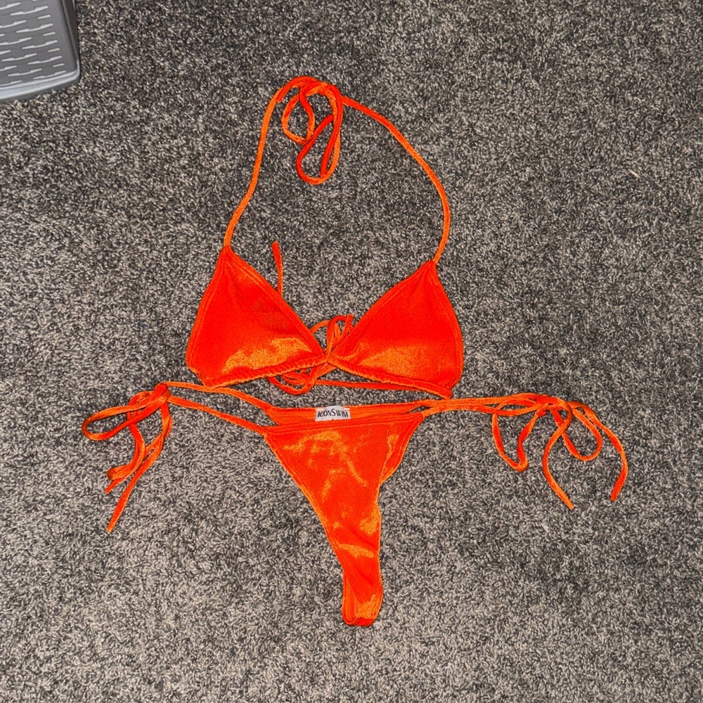 Icon Swim Neon Orange Velvet Tie-Side Bikini Set Size Large